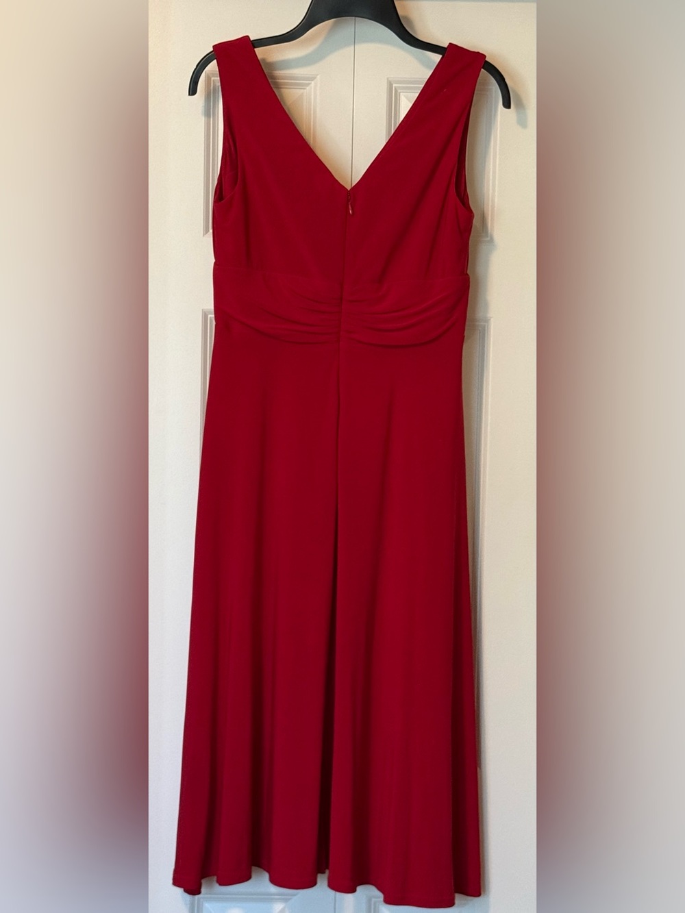 Red V-Neck Evening Dress with Rhinestone Accent - Picture 2 of 5